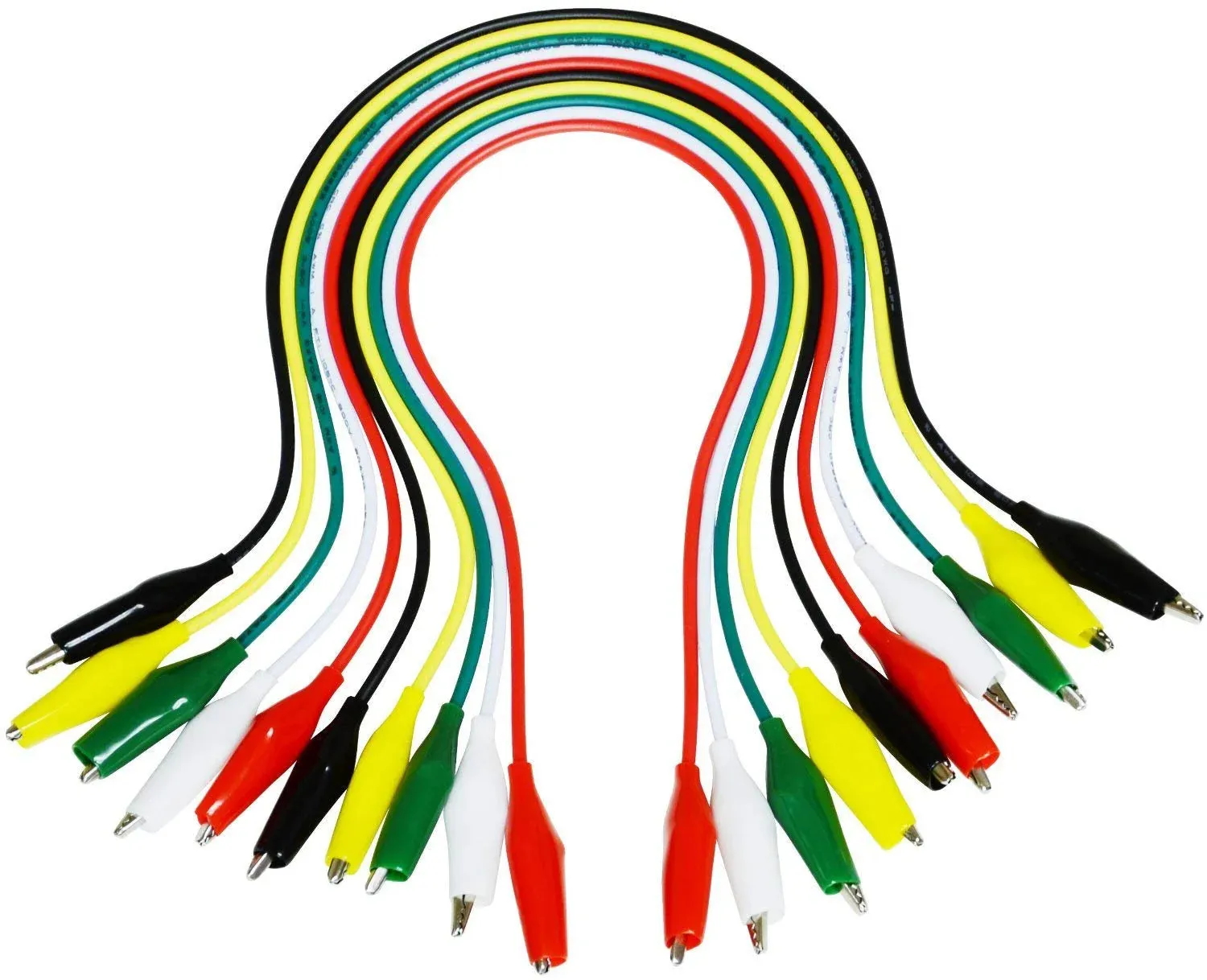 10 Piece Set of Alligator Test Leads, 20" Long, 5 Colors (Red, Black, Yellow, White, Green)