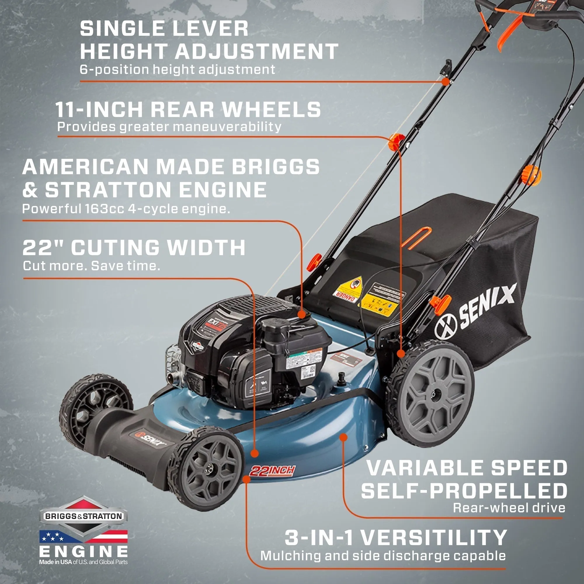 22-Inch 163 cc Gas Powered Self-Propelled Lawn Mower, Variable Speed, 3-In-1 Mulch, Side Discharge & Rear Bagging, LSSG-H2