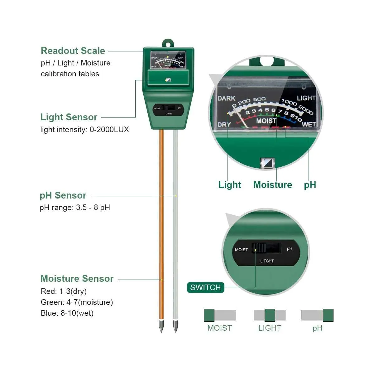 3 In 1 Soil pH Moisture Light Intensity Meter Tester for Plants Growth