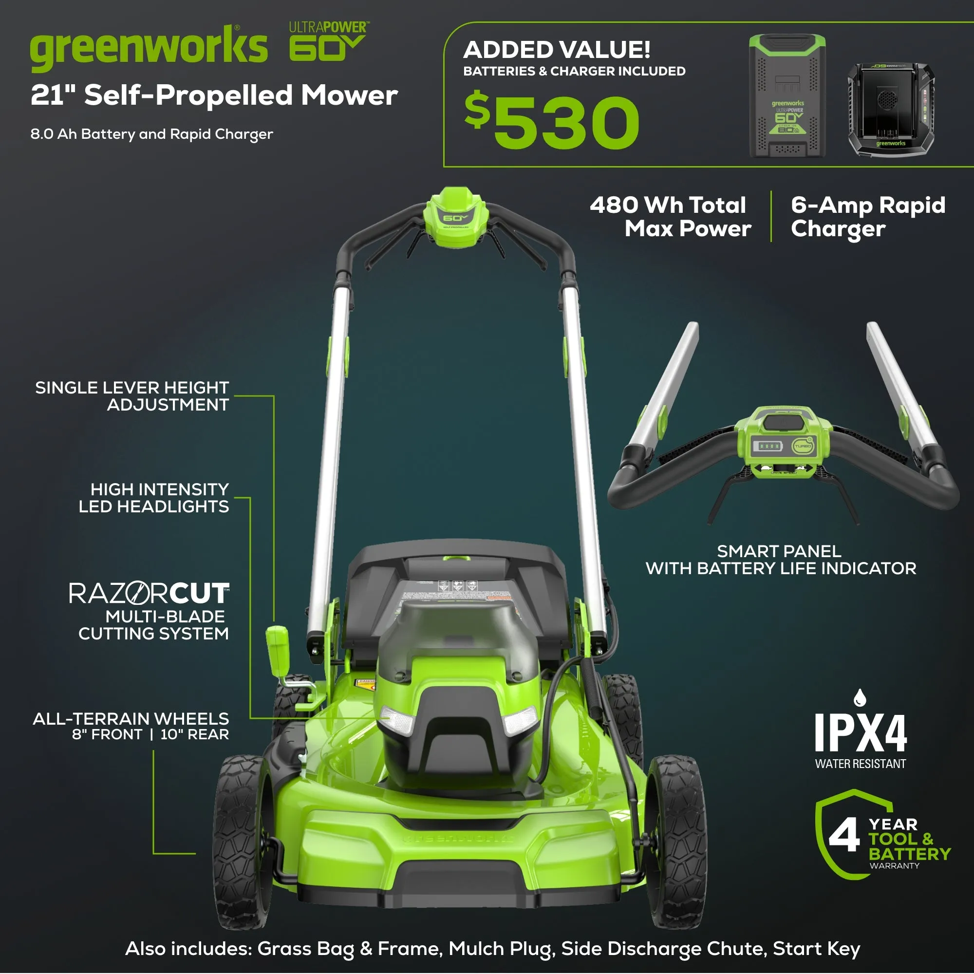60V 21" Cordless Battery Dual Blade Self-Propelled Mower w/ (1) 8Ah battery and 6A Charger