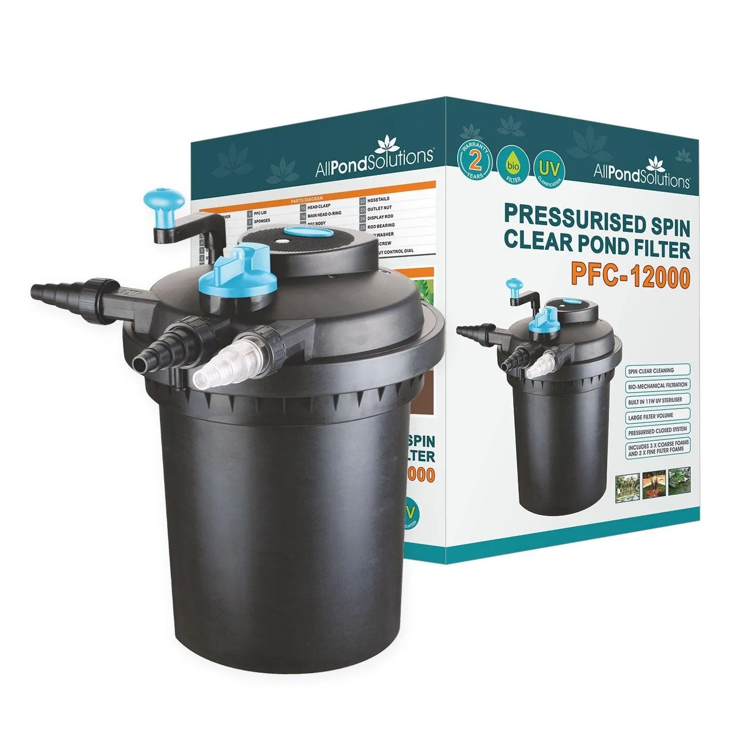AllPondSolutions 12000L Pressurised Pond Filter 11w UV Easy Clean PFC-12000