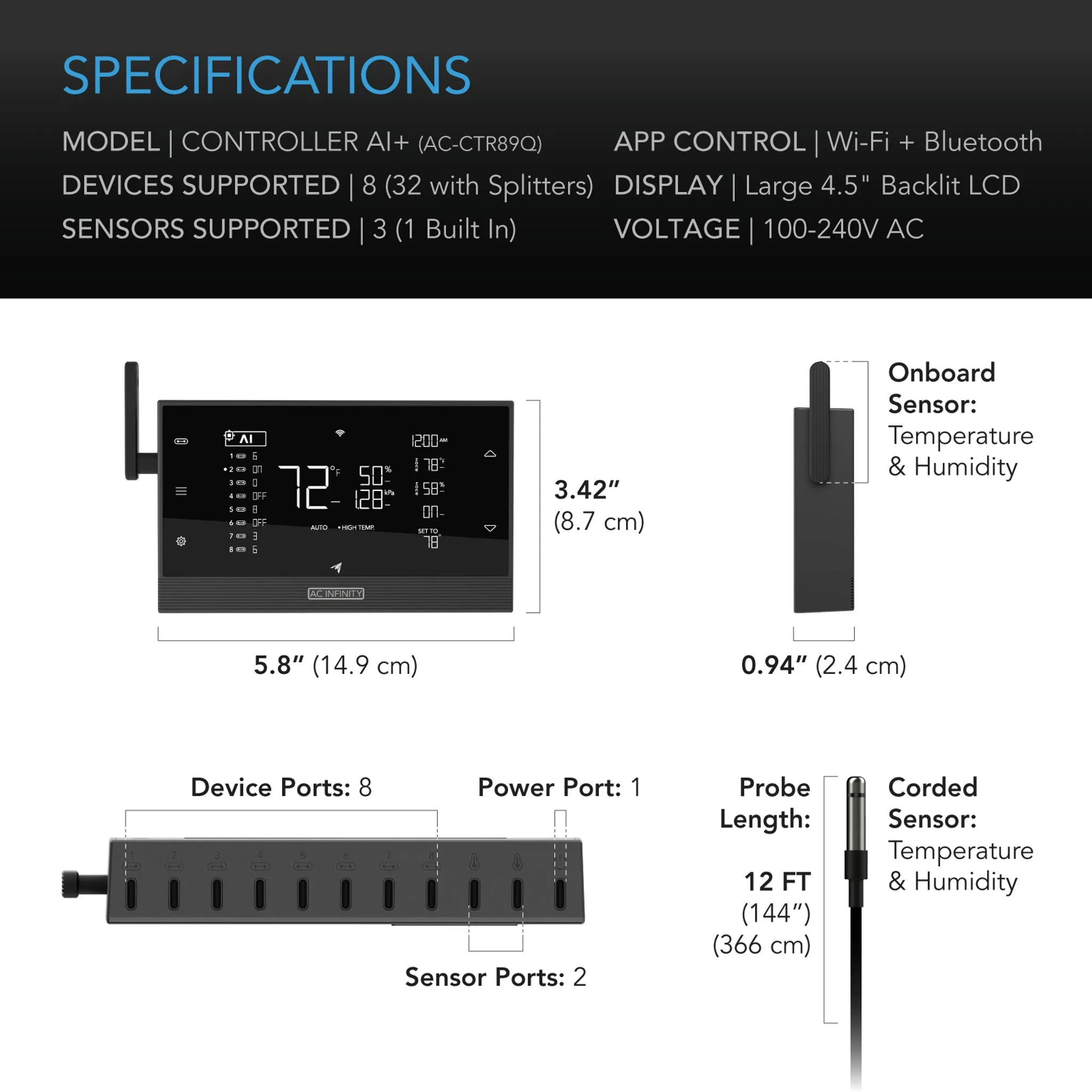 CONTROLLER AI  Environmental Controller, AI-Powered Learning and Dynamic Level Adjusting for UIS and Third-Party Devices, Dual-Zone VPD, Temperature and Humidity, Bluetooth   WiFi App