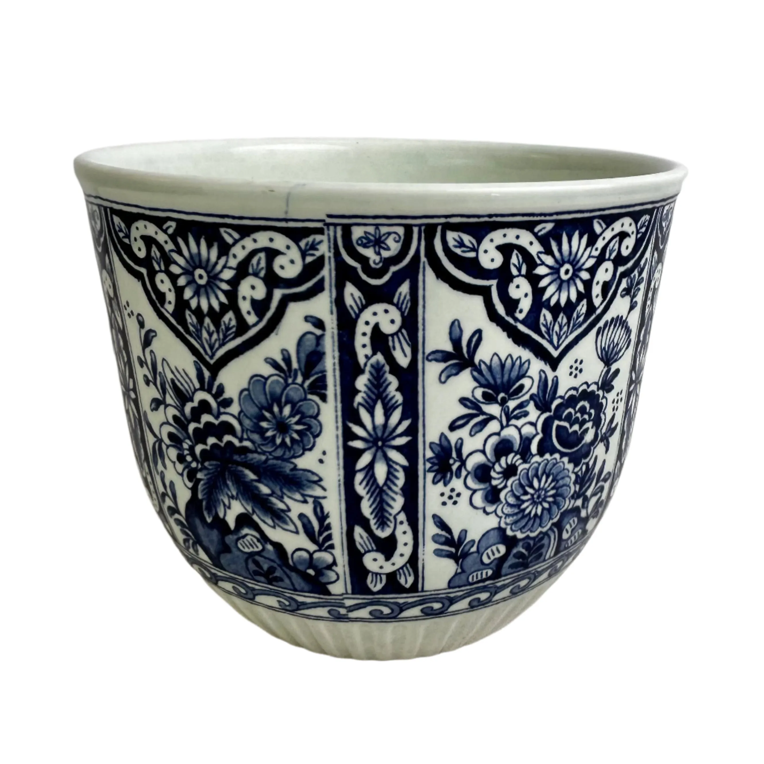 Delft Planter, Blue Floral Design, Light Green Background, Stamped