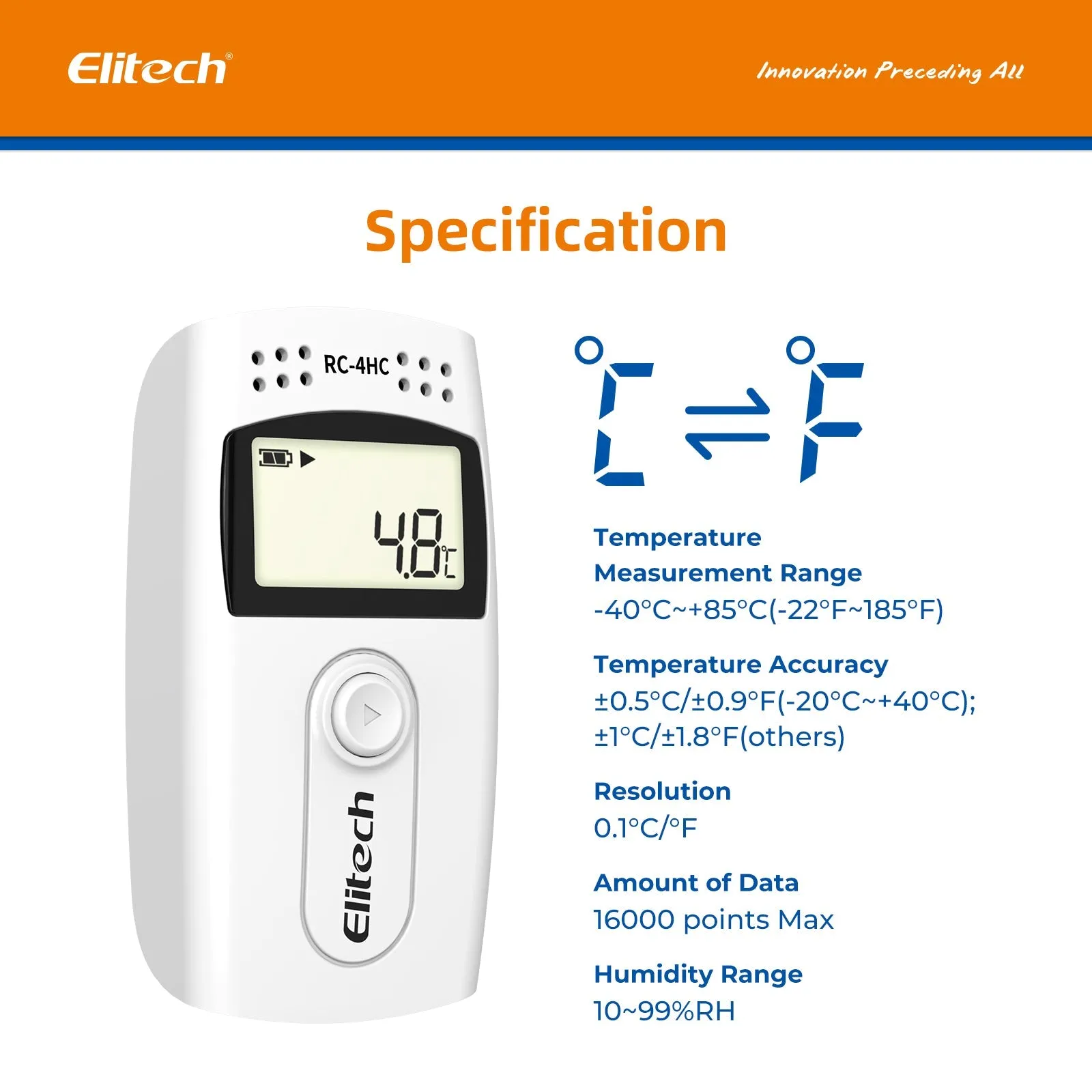 Elitech RC-4HC Digital Temperature and Humidity Data Logger Temp Recorder with External Sensors Audio Alarm