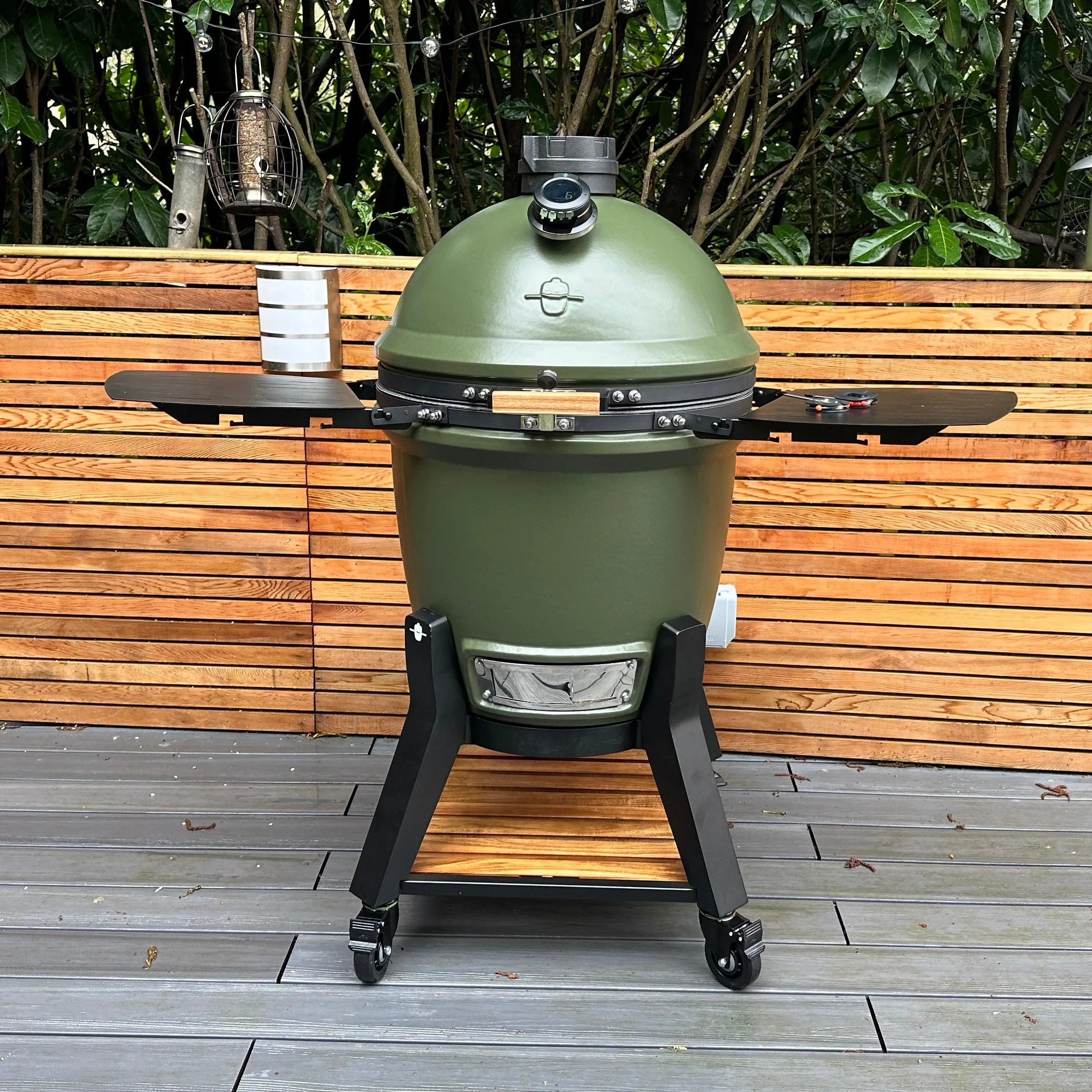 Grden V2 Olive Green Kamado BBQ with Cart and Acacia Shelves