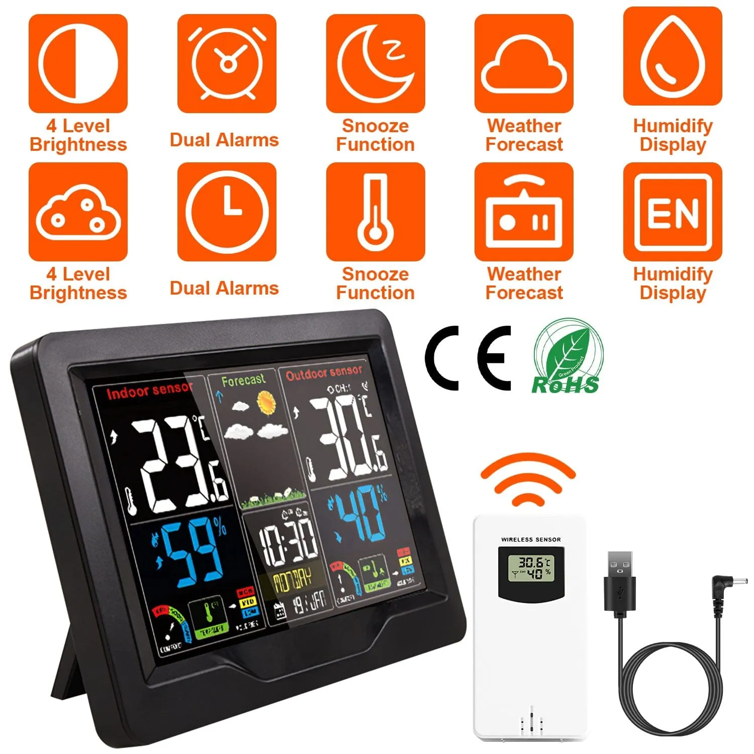 Indoor/Outdoor Thermometer Humidity Weather Forecast Temperature with Backlight