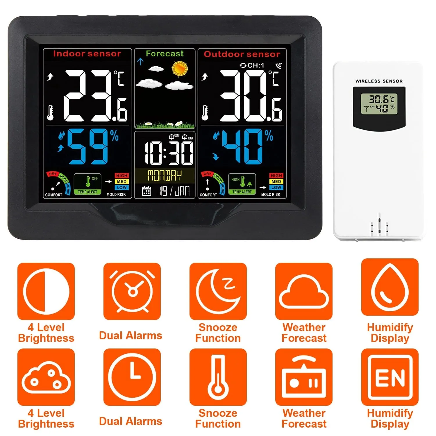 Indoor/Outdoor Thermometer Humidity Weather Forecast Temperature with Backlight