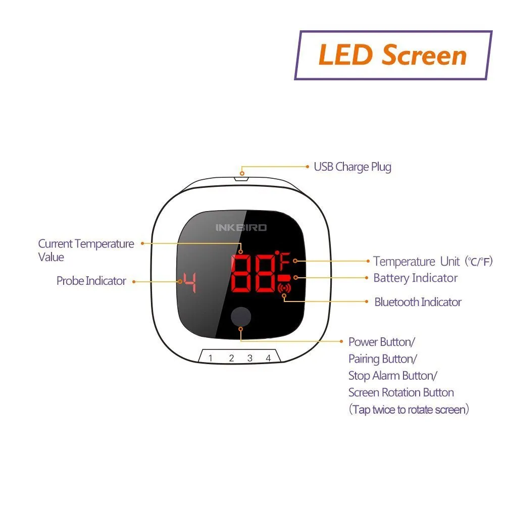 Inkbird IBT-4XS Bluetooth Wireless Digital Meat Grill Thermometer for Cooking Barbecue Oven Smoker with Dual Probes, Magnet, Timer, High and Low Alarm