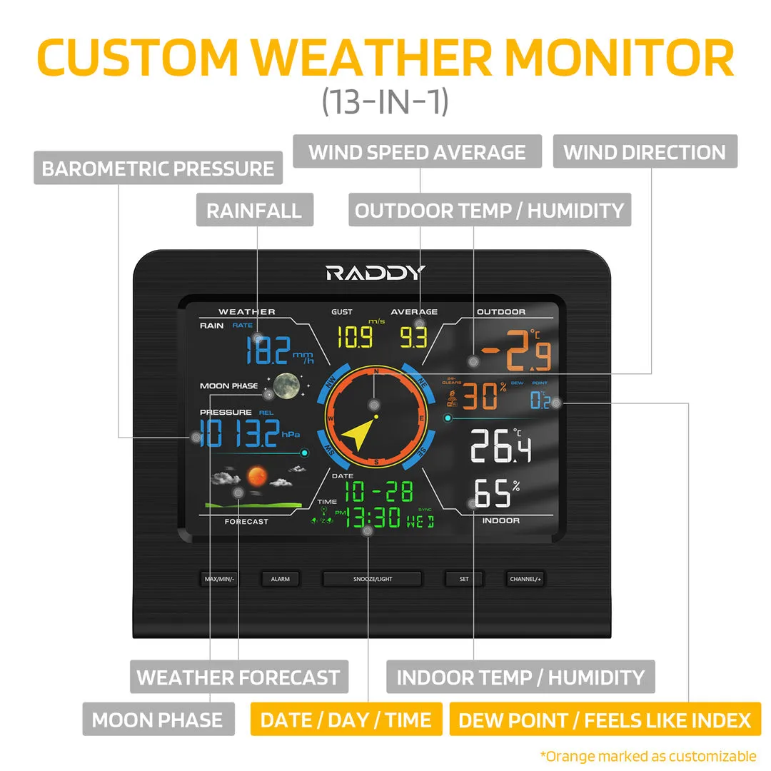 Raddy WF-100C Lite Weather Stations | Wireless | Temperature | Barometric Pressure | Humidity | Wind Rain Gauge