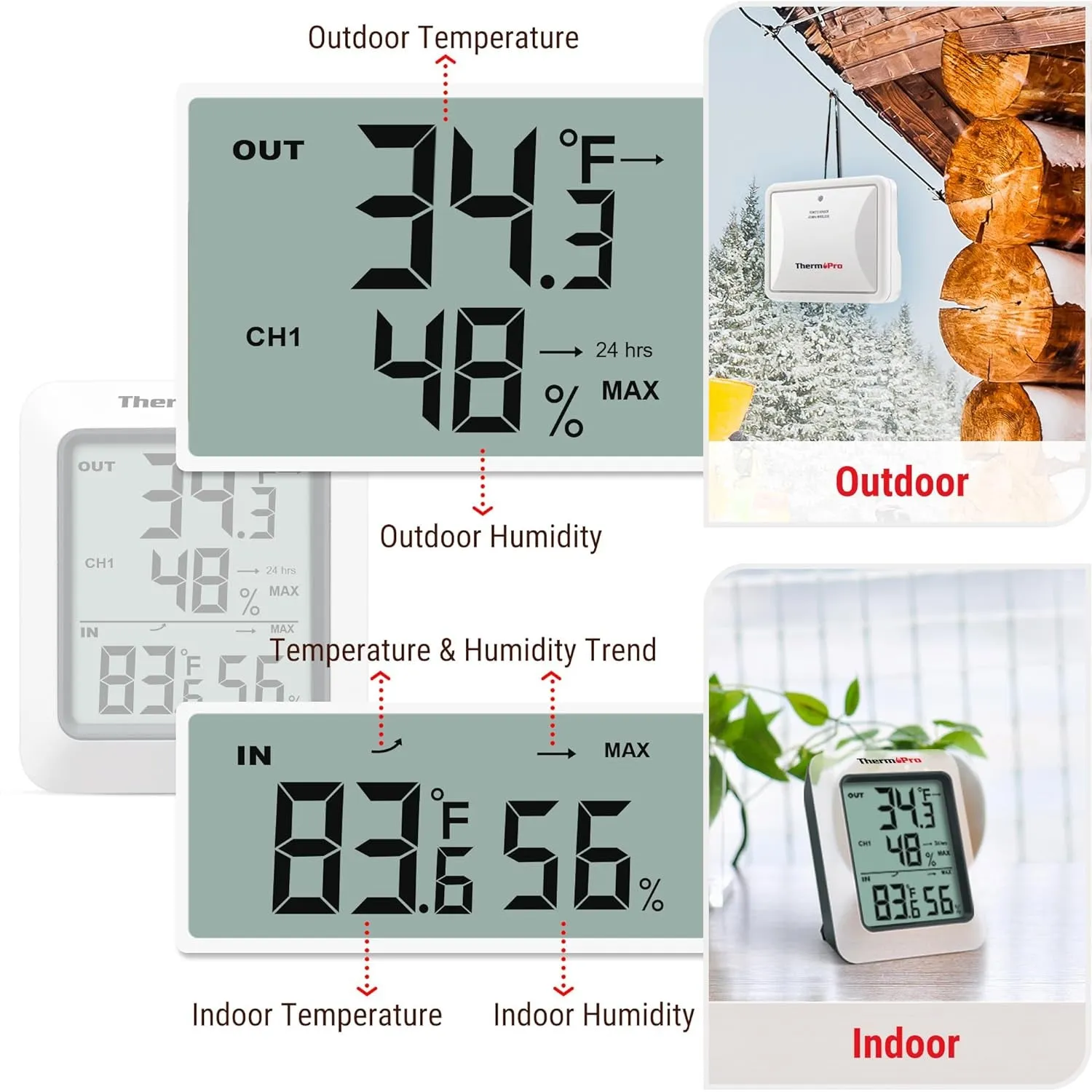 TP60 Digital Hygrometer Indoor Outdoor Thermometer Wireless Temperature and Humidity Gauge Monitor Room Thermometer with 500Ft/150M Range Humidity Meter