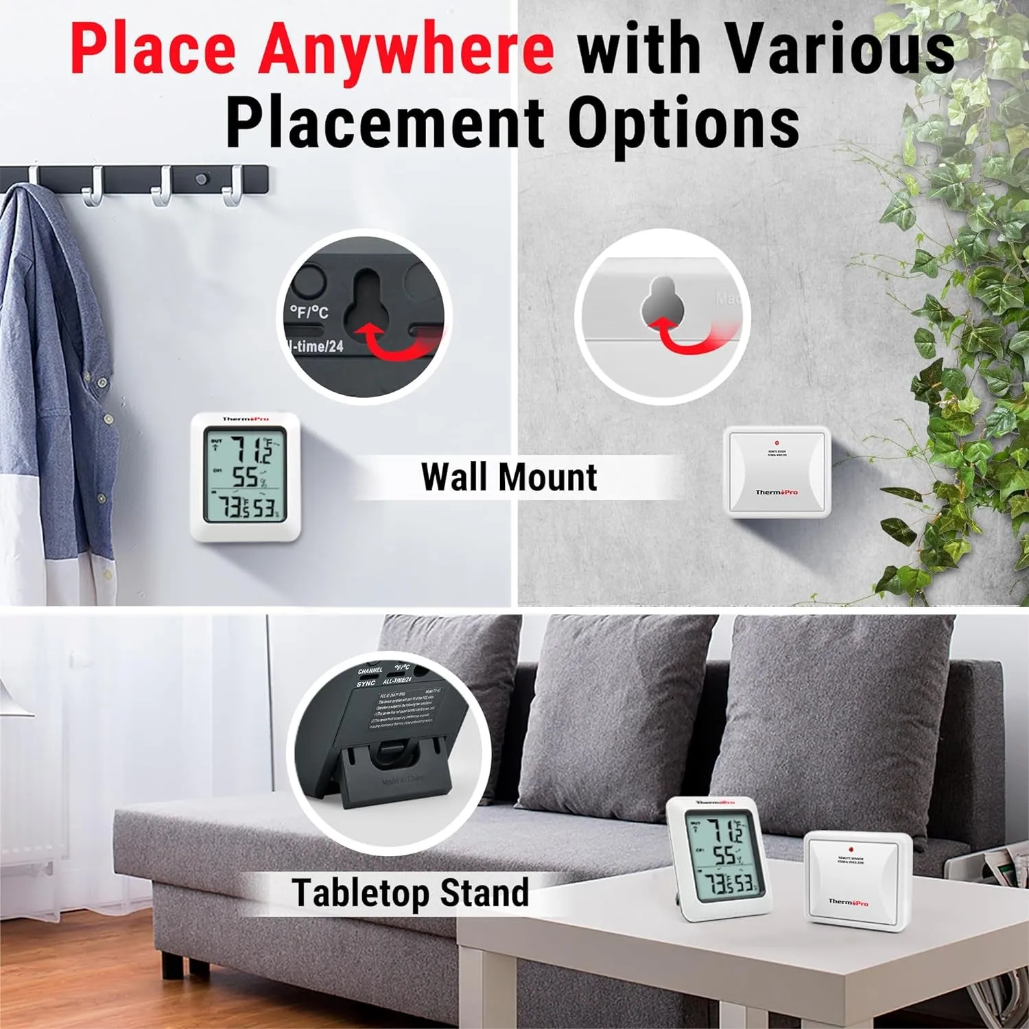 TP60 Digital Hygrometer Indoor Outdoor Thermometer Wireless Temperature and Humidity Gauge Monitor Room Thermometer with 500Ft/150M Range Humidity Meter